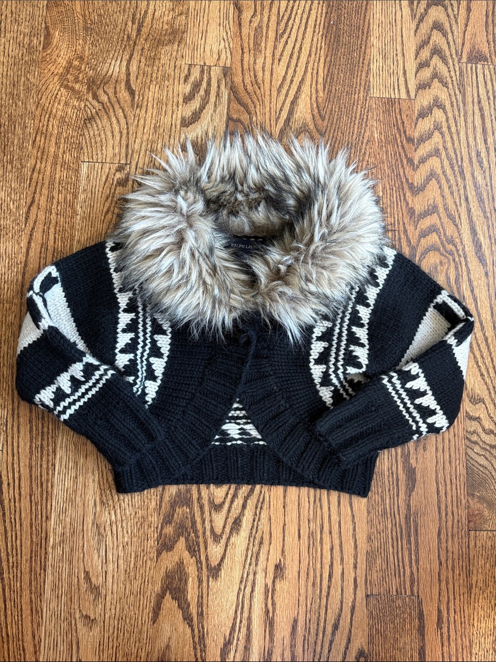 Ralph Lauren kids black and white hand knit cropped sweater with faux fur collar